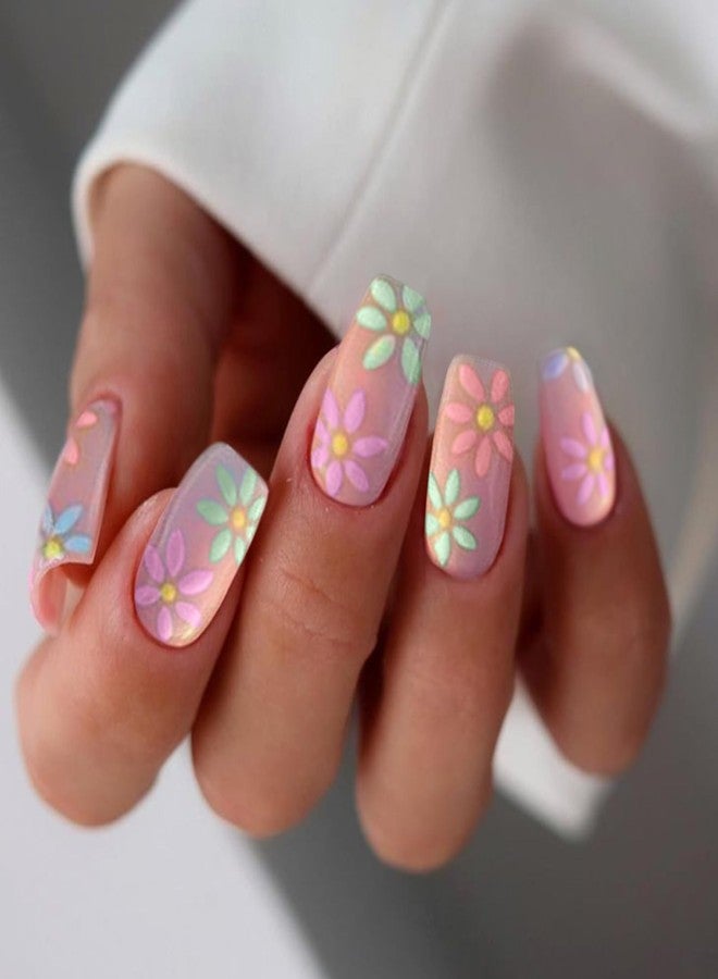 SEMATA Pink Flower Press on Nails Short Square Acrylic Nails Press ons Spring Summer Cute Glue on Fake Nail with Colorful Flower Designs Artificial Stick on False Nail for Women and Girls - Image 2